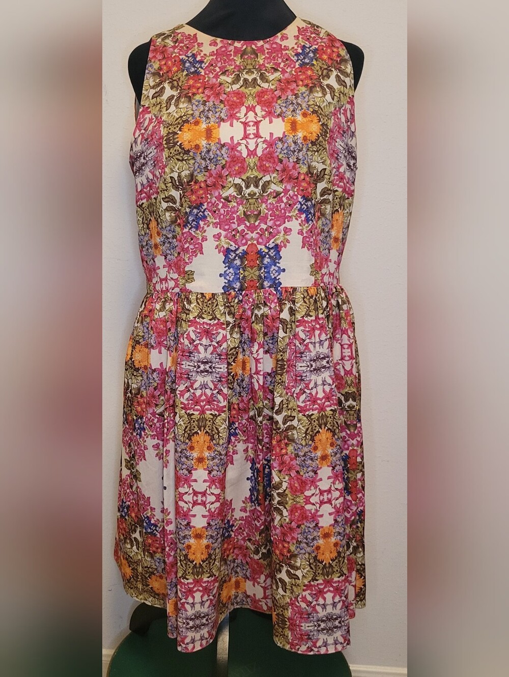 Maggy London Sleeveless Floral Midi Dress in White, Pink, Orange and Blue